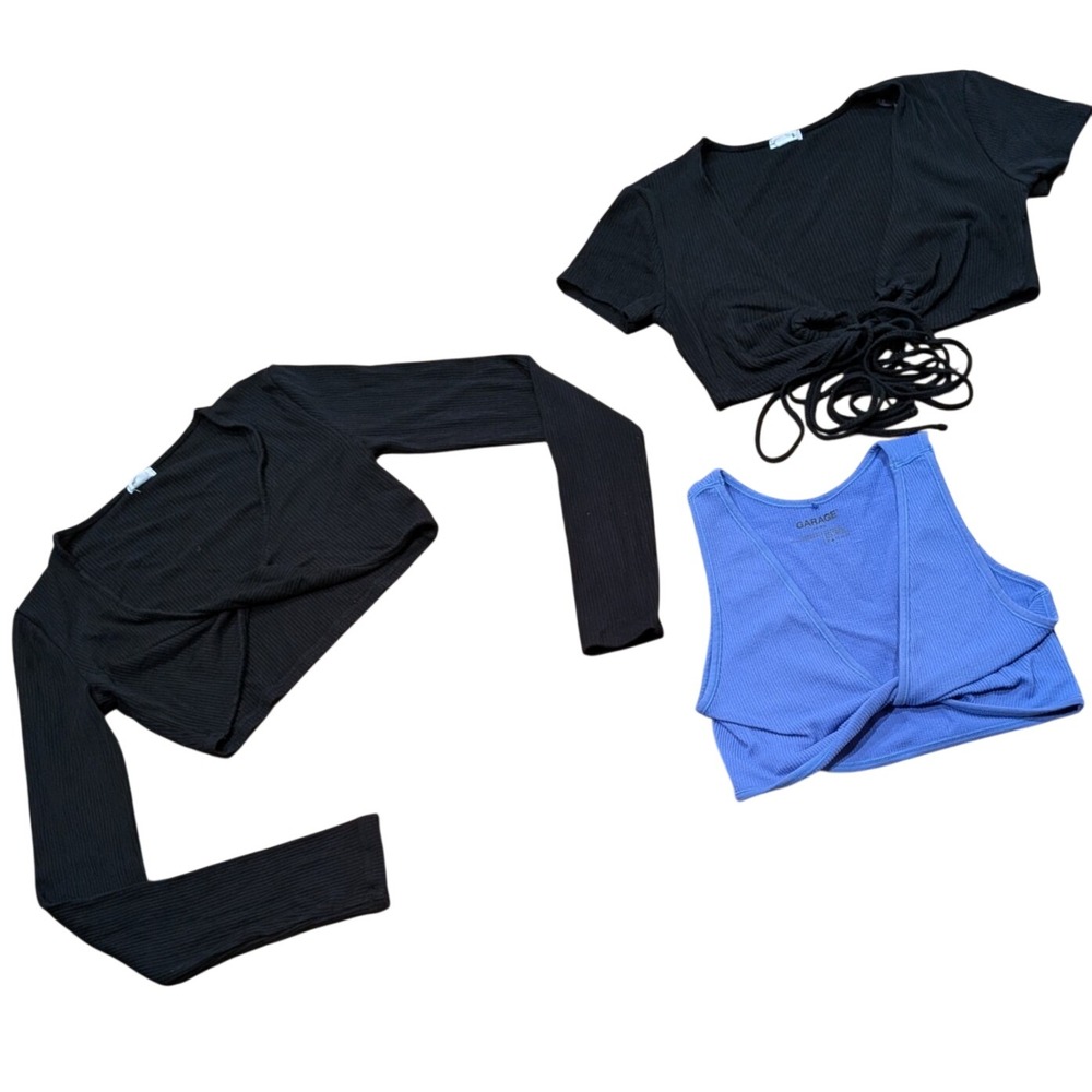 Garage Womens XS Crop Top Bundle Black Periwinkle Ribbed Y2K 3 Piece